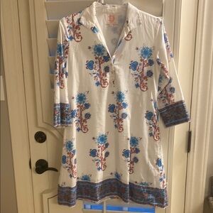 Victoria Dunn Floral Print Tunic Dress in Blue and White